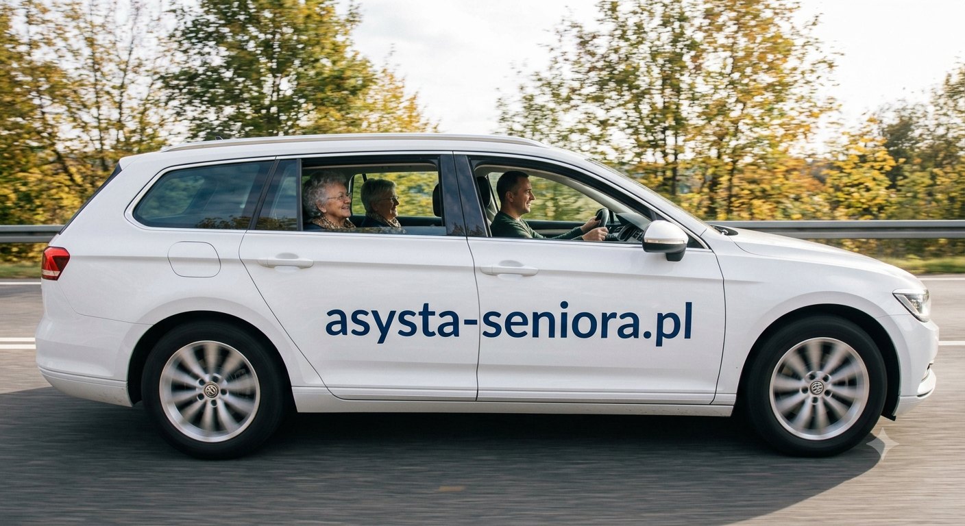 Oznakowany samochód Asysta-Seniora w trasie: kierowca i dwie starsze pasażerki